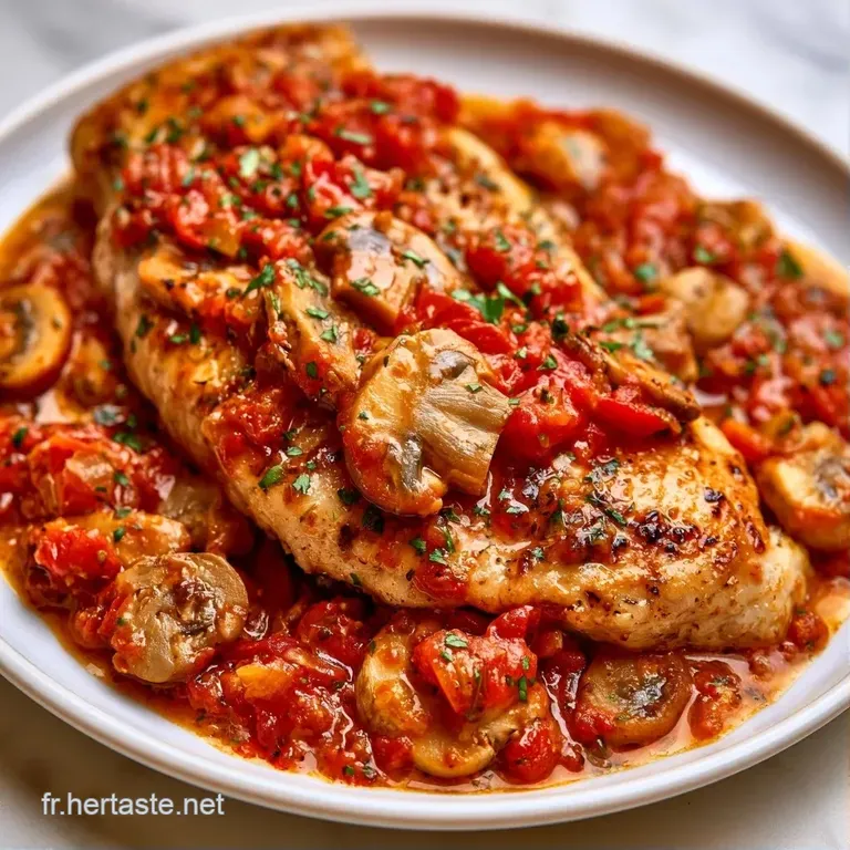 Pr&eacute;sentation raffin&eacute;e dans une assiette blanche d'un saut&eacute; onctueux rouge et dor&eacute;, agr&eacute;ment&eacute; de persil frais hach&eacute;.