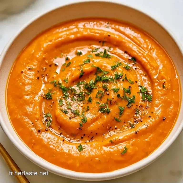 Pur&eacute;e velout&eacute;e jaune orang&eacute; servie dans une assiette creuse, surface brillante et texture onctueuse tr&egrave;s homog&egrave;ne.