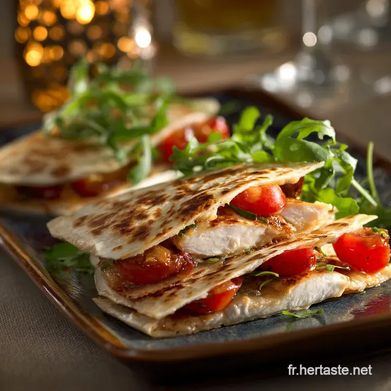 Quesadillas De Poulet R&ocirc;ti Tomates Et Trois Fromages Croustillants presentation