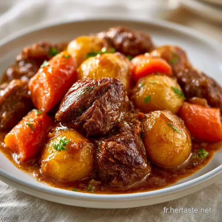 Assiette blanche dress&eacute;e avec morceaux de viande tendres, l&eacute;gumes color&eacute;s et une sauce brune brillante et nappante.