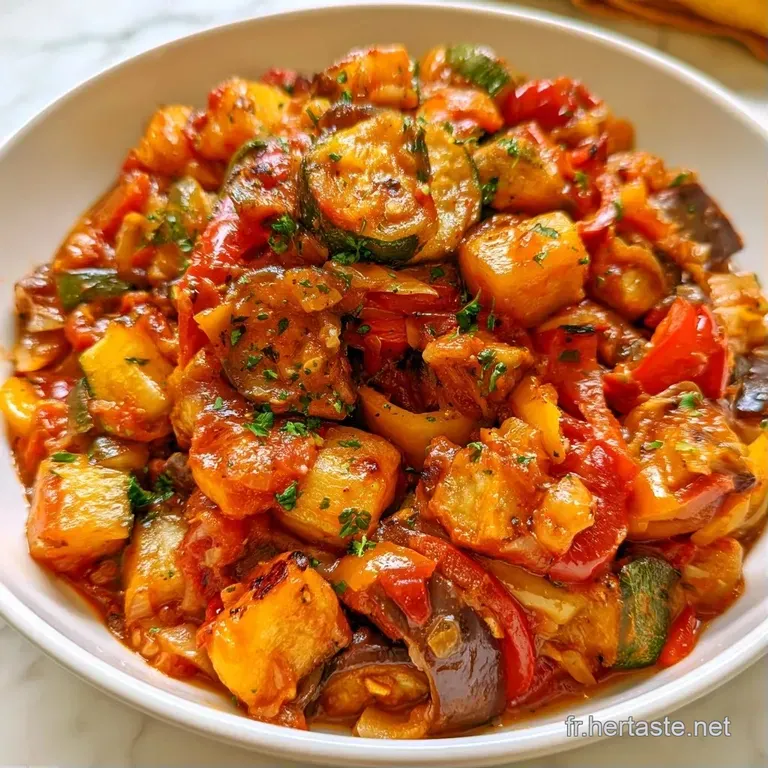 L&eacute;gumes mijot&eacute;s aux couleurs vives, dispos&eacute;s avec soin dans une assiette blanche, napp&eacute;s d'une sauce onctueuse et brillante.