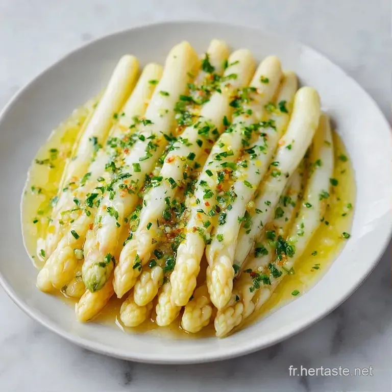 Alignement pr&eacute;cis d'asperges blanches nacr&eacute;es, surmont&eacute;es d'un filet de beurre fondu dor&eacute; et de quelques herbes fra&icirc;ches.