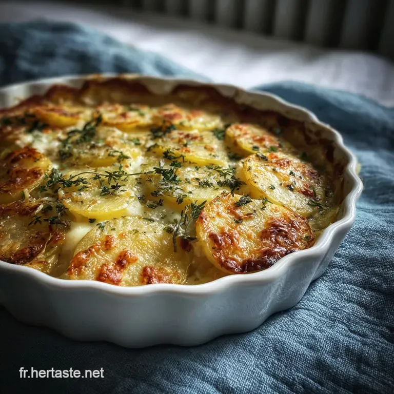 Creamy christophine gratin, browned edges, served in a white dish. A delicate parsley sprig provides a pop of green.
