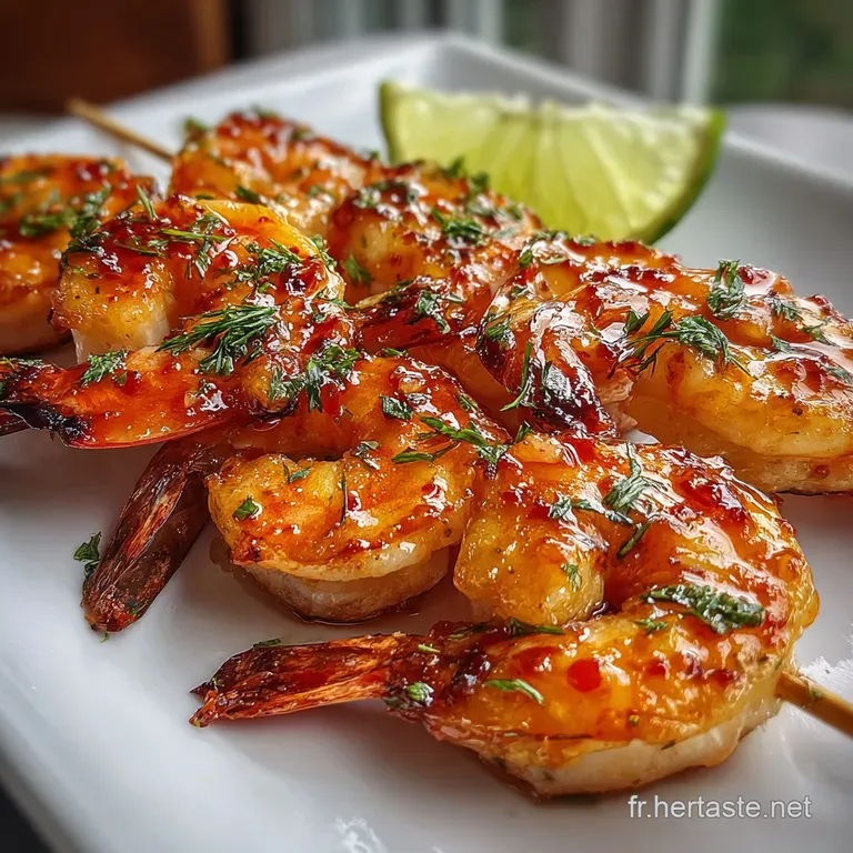 Tidily arranged grilled shrimp skewers, drizzled with a rich sauce, garnished with parsley and served on a white plate; el...