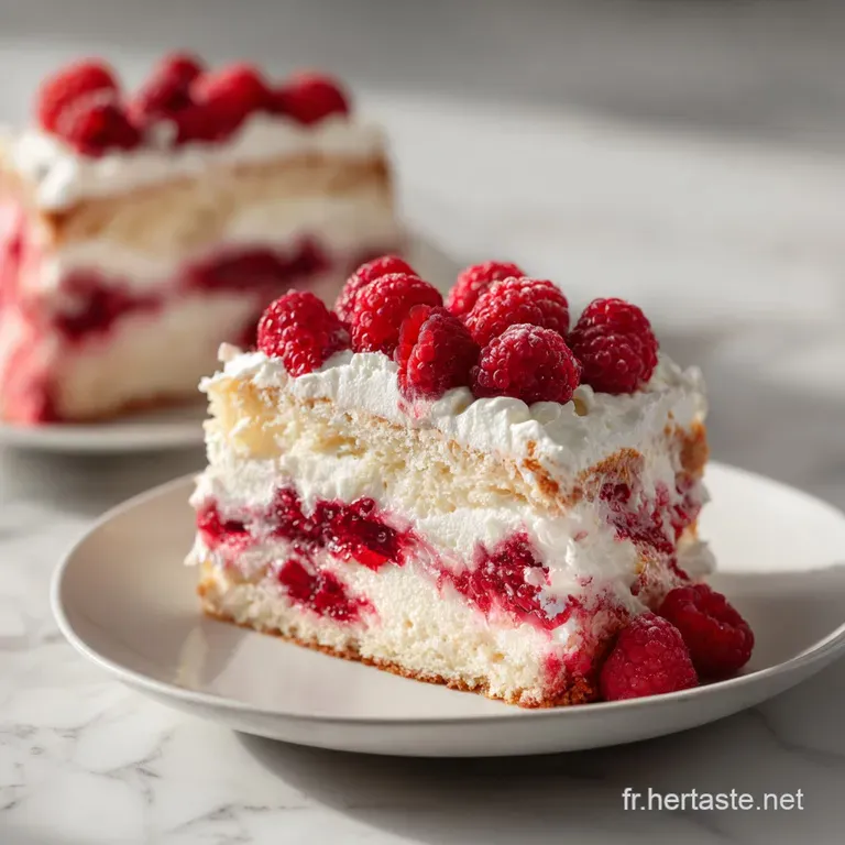 A slice of delicate raspberry cake, adorned with fresh berries and a swirl of cream.