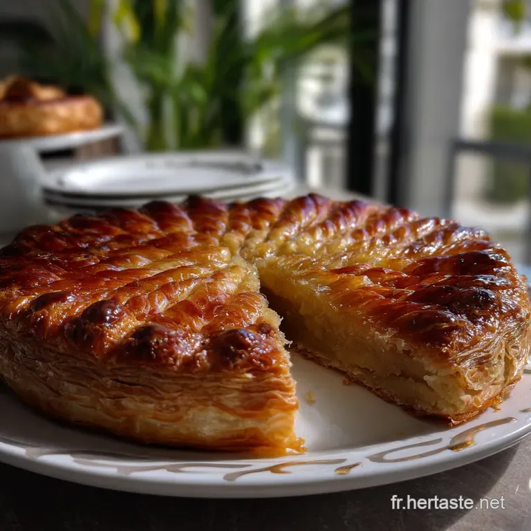 Elegant slice of galette on a crisp white plate, showing the creamy frangipane filling. A dusting of powdered sugar adds a...
