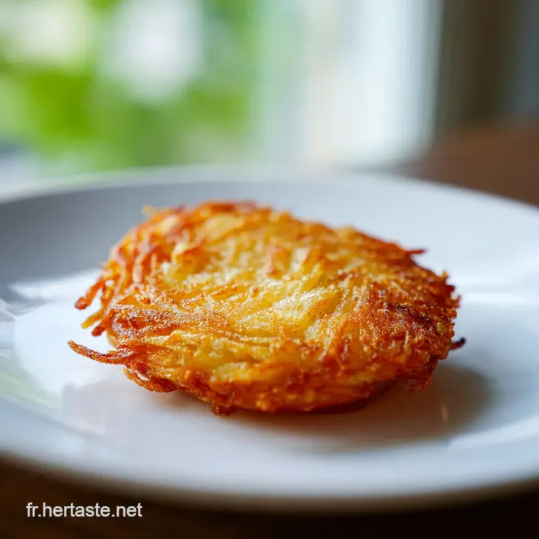 Slice of golden potato galette, flaky crust, thyme sprig garnish, atop a white plate; inviting, rustic French cuisine.