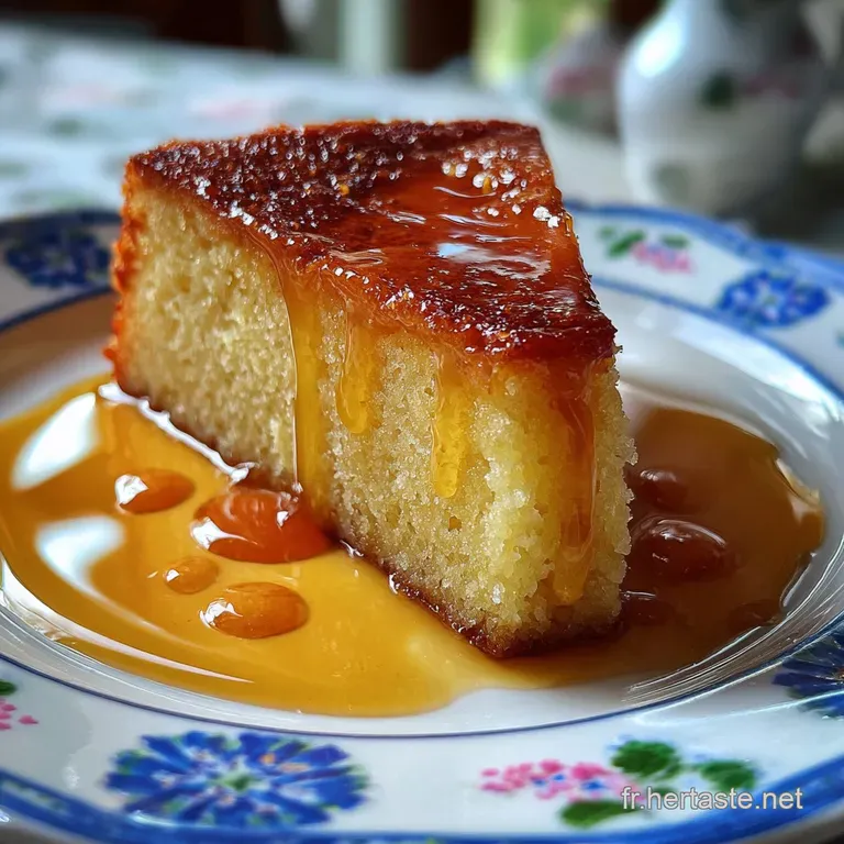 Slice of creamy semolina cake on a white plate, dusted with powdered sugar, next to a silver fork. Warm, inviting dessert.