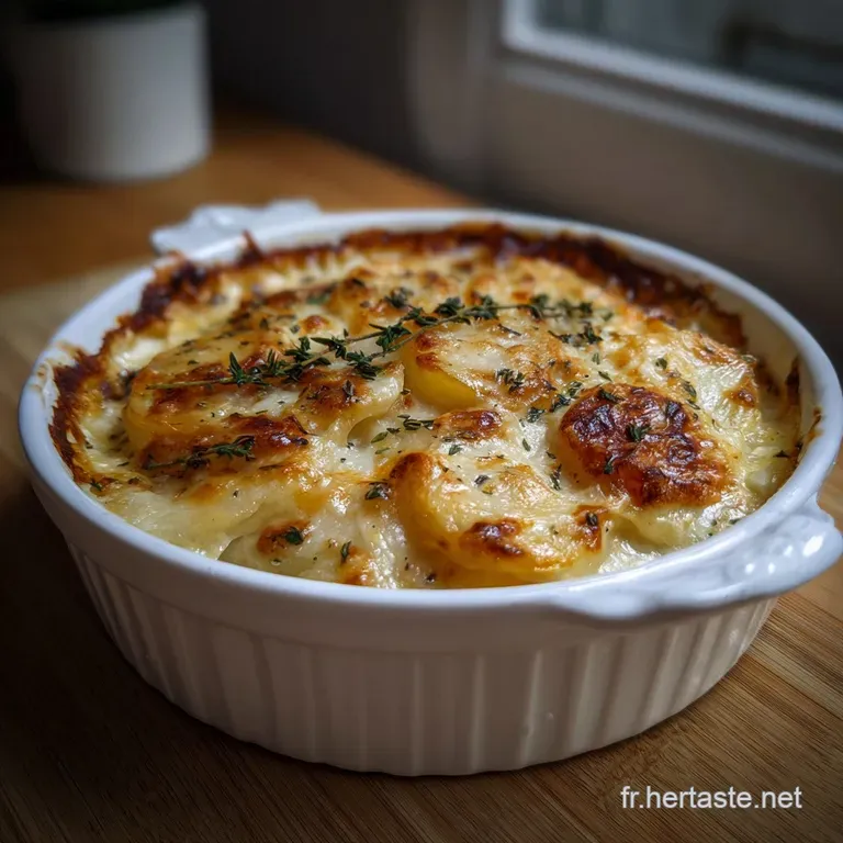 Elegant slices of gratin dauphinois arranged on a white plate, showcasing layers of tender potatoes and a subtly browned c...