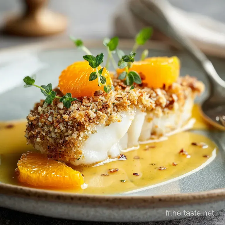 Elegant plate featuring delicate white fish with toasted nuts, vibrant orange clementine slices, and a drizzle of sauce. F...