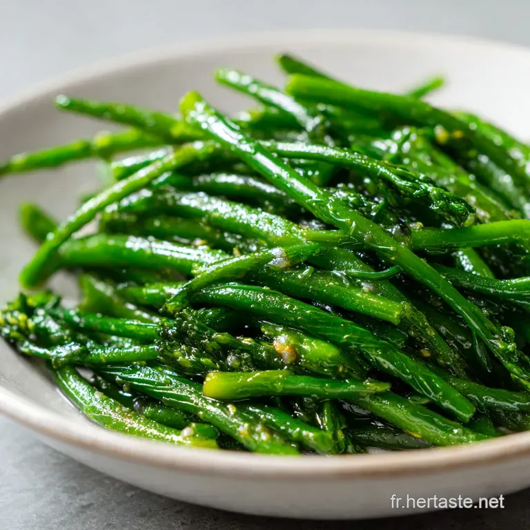 Bright green samphire artfully arranged on a plate, glistening with olive oil, served alongside a lemon wedge.