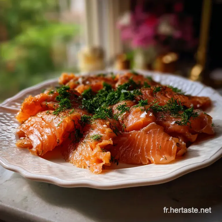 Delicate salmon gravlax slices artfully arranged on a white plate, accompanied by capers, red onion, and a drizzle of oliv...