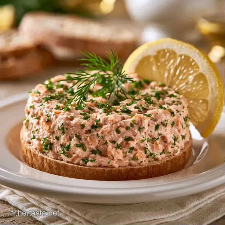 Tartines dor&eacute;es et croustillantes garnies d'une mousse rose p&acirc;le, d&eacute;cor&eacute;es de fines herbes et de grains de poivre.