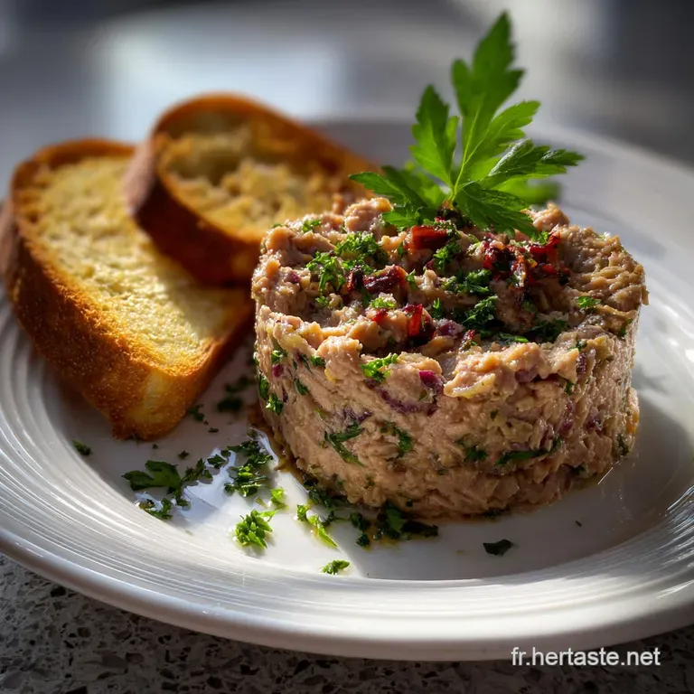 Silky, pale tuna rillettes artfully swirled on a white plate, garnished with vibrant green herbs and a drizzle of oil.