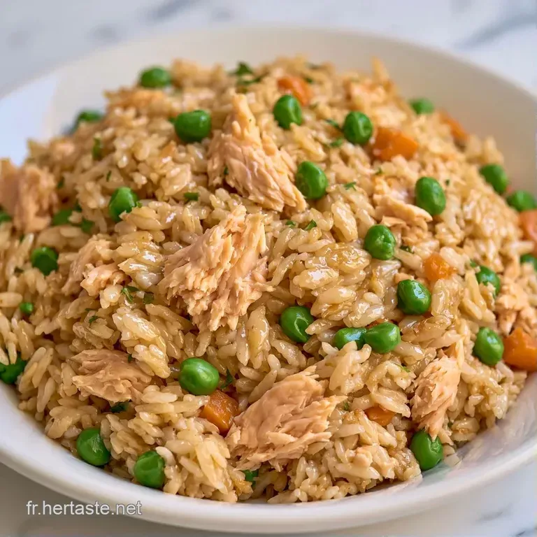 Un bol en c&eacute;ramique blanc pr&eacute;sentant un riz saut&eacute; brillant, surmont&eacute; de morceaux de saumon nacr&eacute;s et d'herbes fra&icirc;ches.