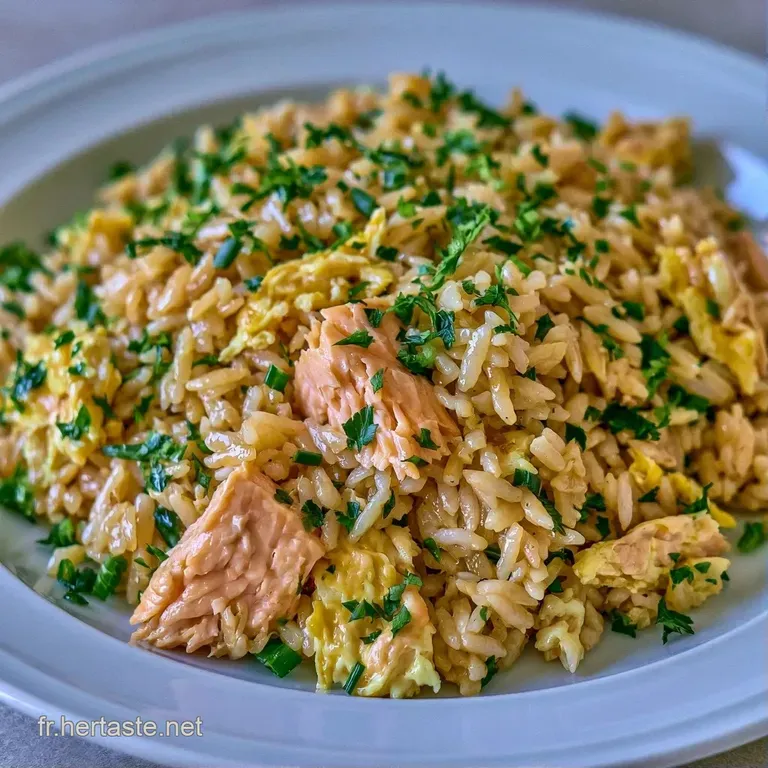 Un d&ocirc;me de riz dor&eacute; dress&eacute; avec soin, surmont&eacute; de saumon ros&eacute; et de fines lamelles d'oignons verts sur fond blanc.