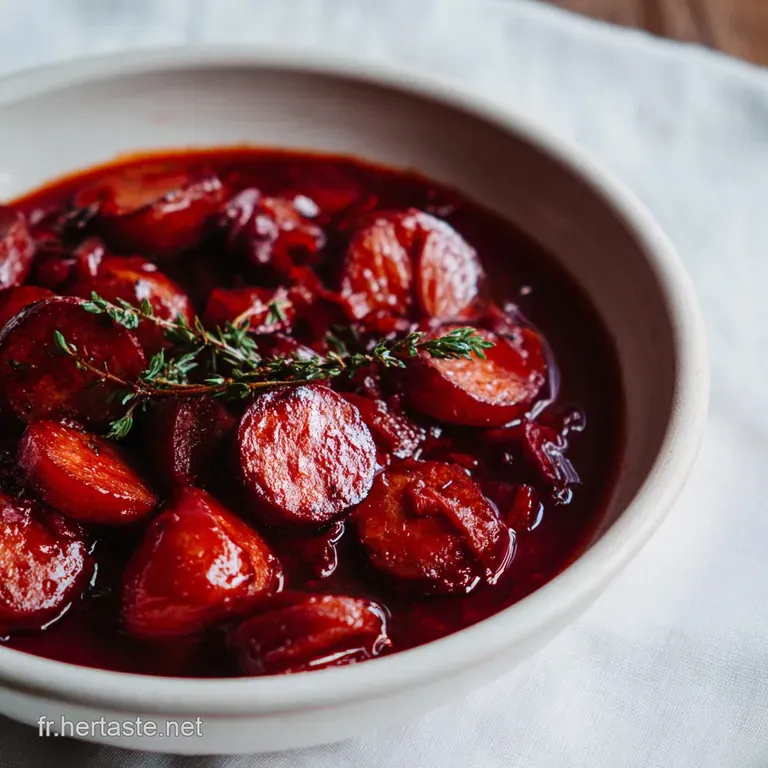 Assiette dress&eacute;e avec un d&ocirc;me de riz blanc immacul&eacute; et une sauce tomate onctueuse aux saucisses brunes et brillantes.