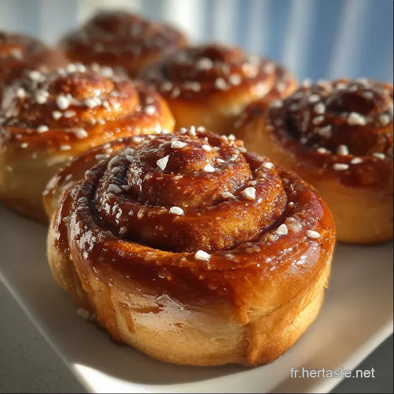 Elegant slice of cinnamon roll on a white plate, dusted with powdered sugar. Warm, inviting tones with visible steam.