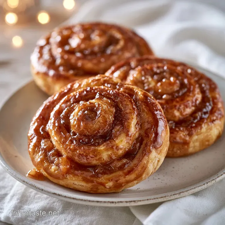 Tranche de p&acirc;tisserie dor&eacute;e pos&eacute;e sur une assiette blanche, saupoudr&eacute;e de sucre glace avec un coulis ambr&eacute; brillant.