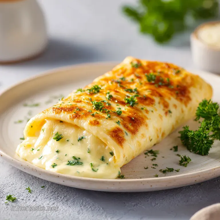 Elegant slices of cheese roulade with melted raclette, glistening and oozing, served on a rustic wooden board with fresh h...