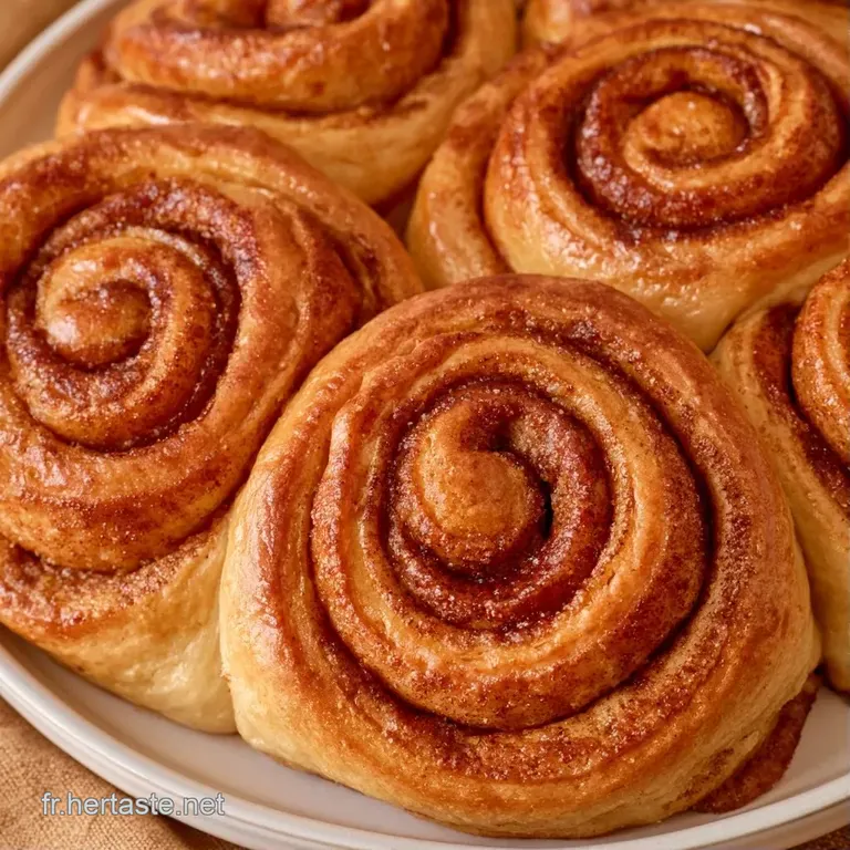 Deux brioches brunes et moelleuses pos&eacute;es sur une assiette blanche, d&eacute;cor&eacute;es de filets de cr&egrave;me sucr&eacute;e onctueuse.