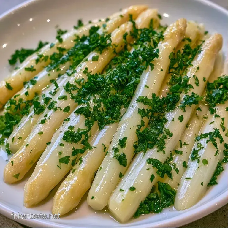 Asperges blanc ivoire align&eacute;es avec finesse, contrast&eacute;es par des &eacute;clats de verdure et un nappage onctueux et lisse.