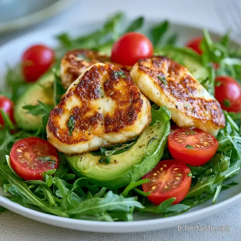 Tranches de fromage grill&eacute; et d'avocat cr&eacute;meux dispos&eacute;es avec soin sur un lit de verdure fra&icirc;che et d'huile d'olive brilla...