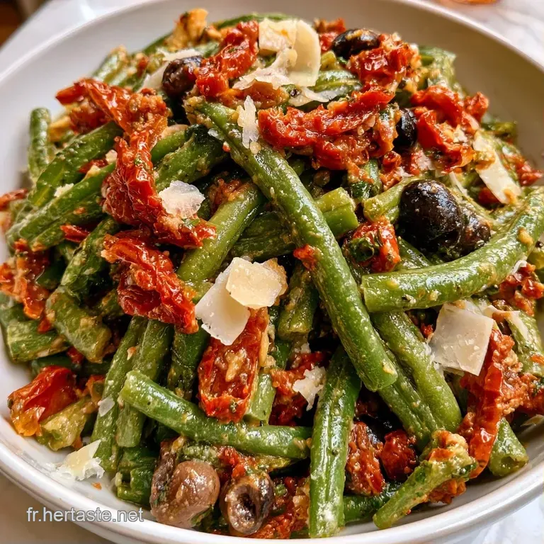 Assiette blanche &eacute;pur&eacute;e avec des haricots verts luisants, des touches de rouge et un filet d'huile d'olive dor&eacute;e.