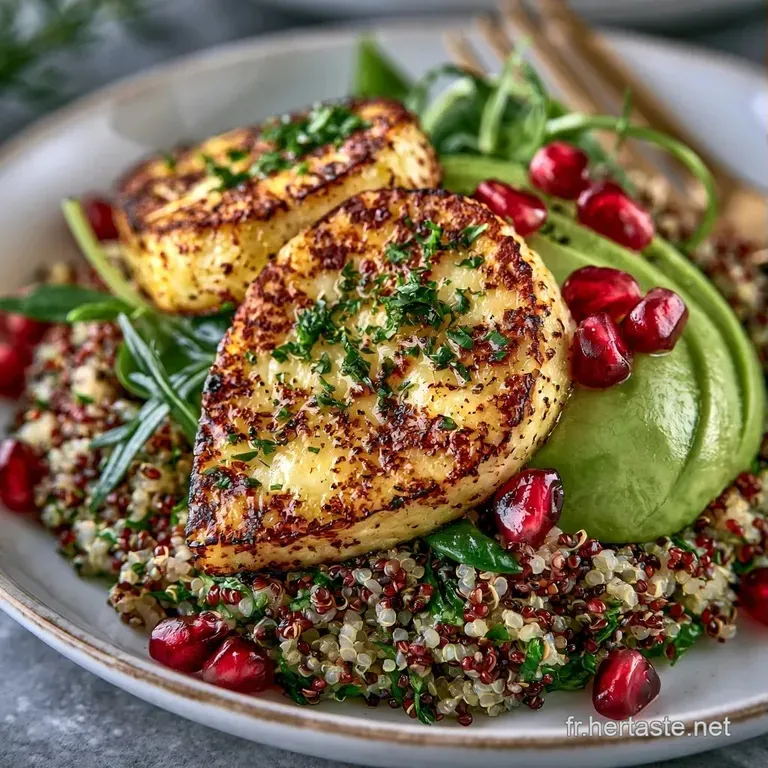 Composition a&eacute;r&eacute;e de quinoa blanc et halloumi grill&eacute;, agr&eacute;ment&eacute;e de fines herbes et de tomates cerises &eacute;clatantes.