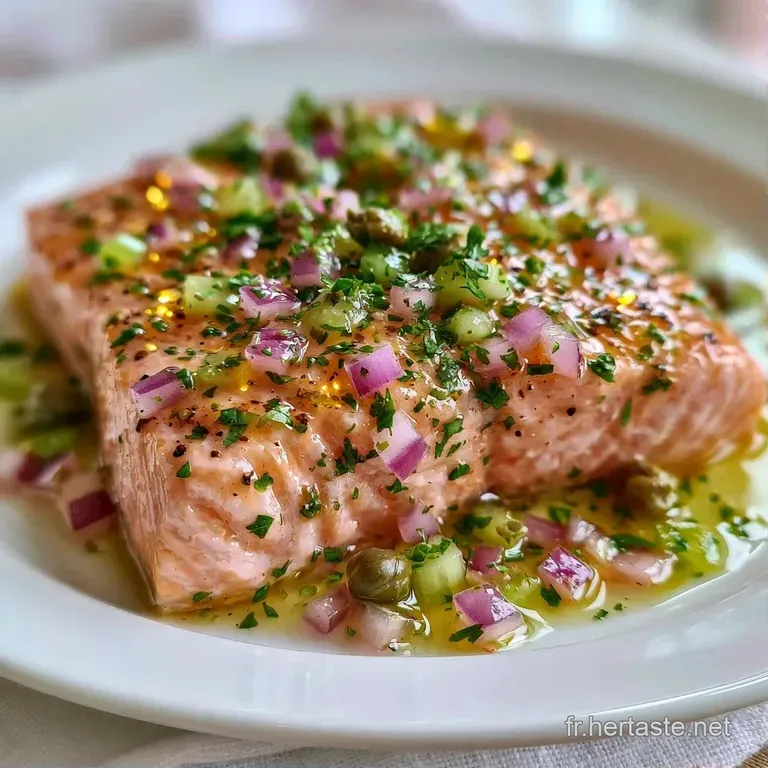 M&eacute;lange onctueux de saumon rose et herbes vertes, dress&eacute; avec soin sur une assiette en c&eacute;ramique grise mate.