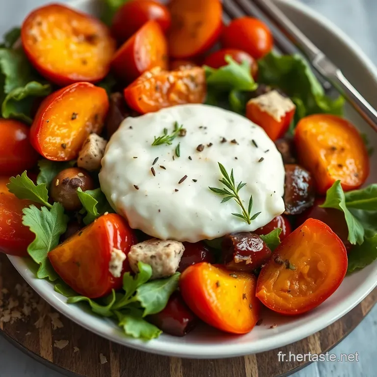 Salade Gourmande D &eacute;t&eacute;: Abricots R&ocirc;tis Roquette Et Burrata presentation