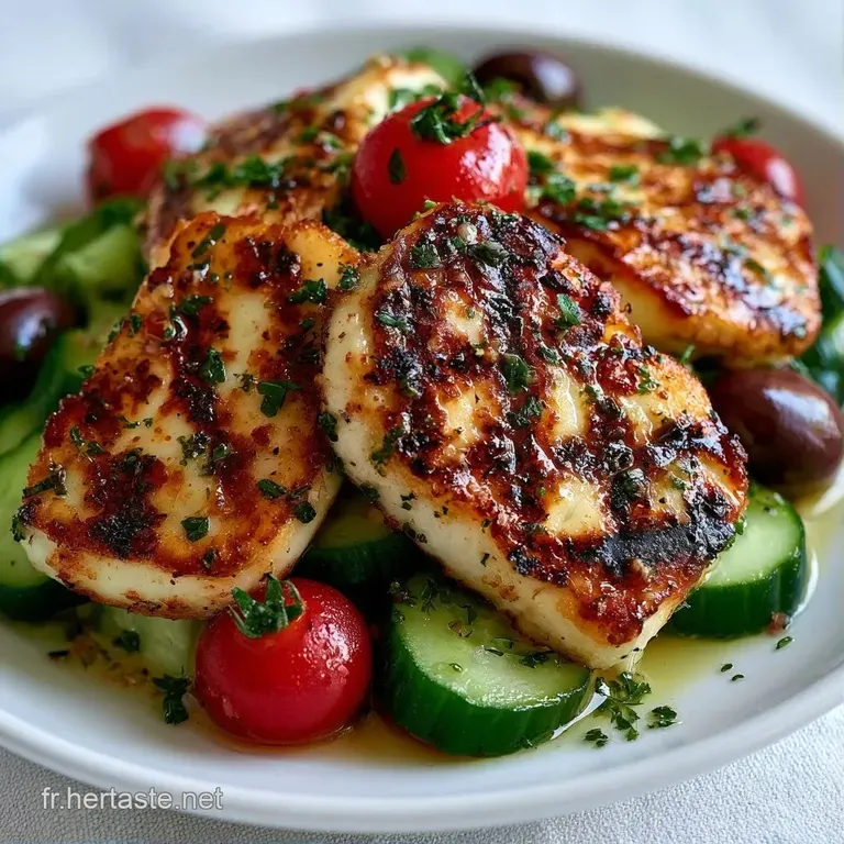 Dressage &eacute;l&eacute;gant de l&eacute;gumes croquants, halloumi grill&eacute; et feta, sublim&eacute;s par un filet d'huile d'olive scintillante.