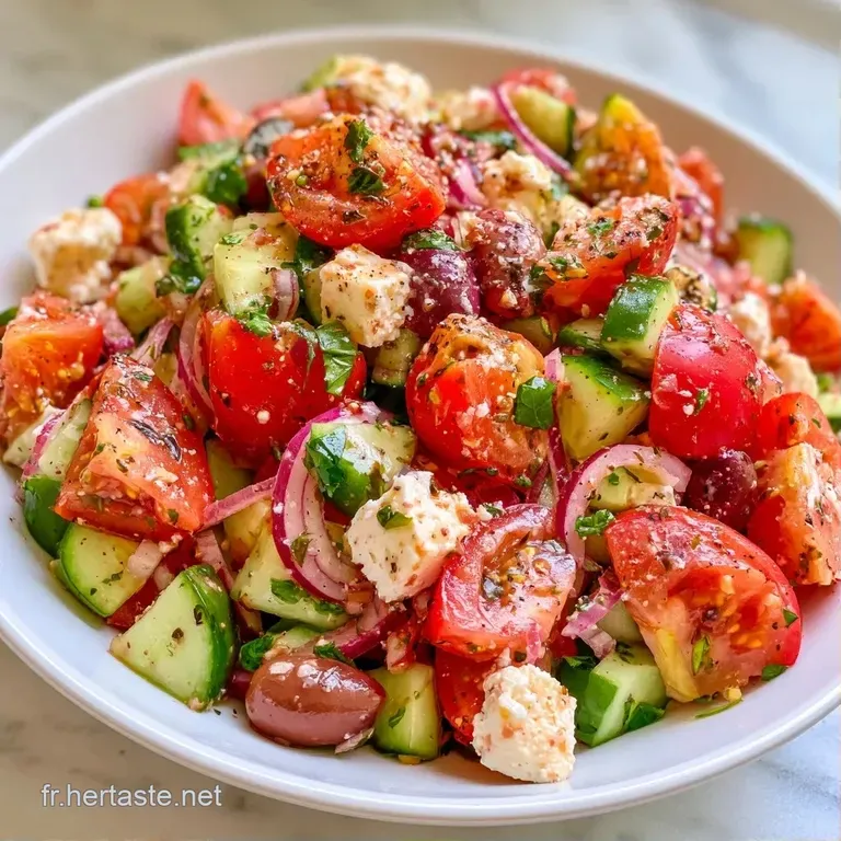 Salade fra&icirc;chement dress&eacute;e avec olives noires brillantes, oignons pourpres et un filet d'huile d'olive dor&eacute;e et fluide.