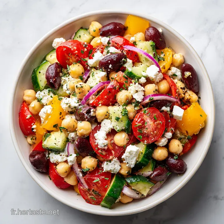 A colorful mound of Greek chickpea salad artfully arranged with Kalamata olives.