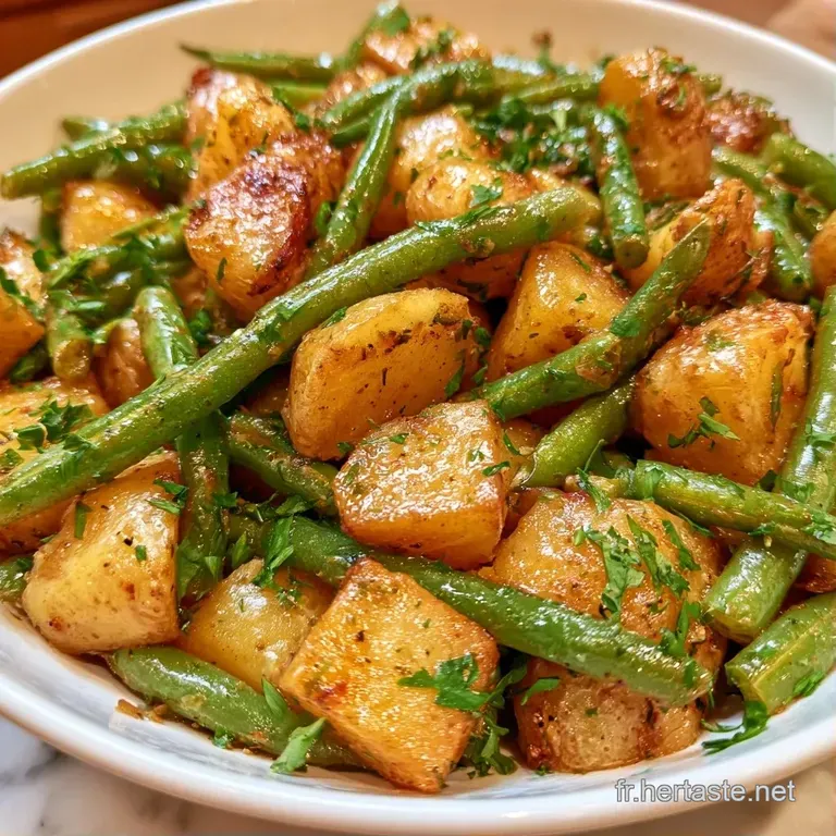 Assiette blanche dress&eacute;e avec soin, opposant le vert vif des haricots au jaune p&acirc;le des pommes de terre fondantes.
