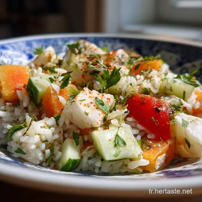 Elegant plate of surimi salad with curled crab sticks, a sprinkle of paprika, and a lemon wedge. Cool and inviting present...