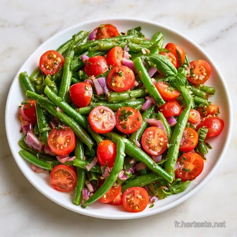 Assemblage harmonieux de tomates rouges juteuses et haricots verts vifs, parsem&eacute;s d'herbes fra&icirc;ches et d'huile d'olive.