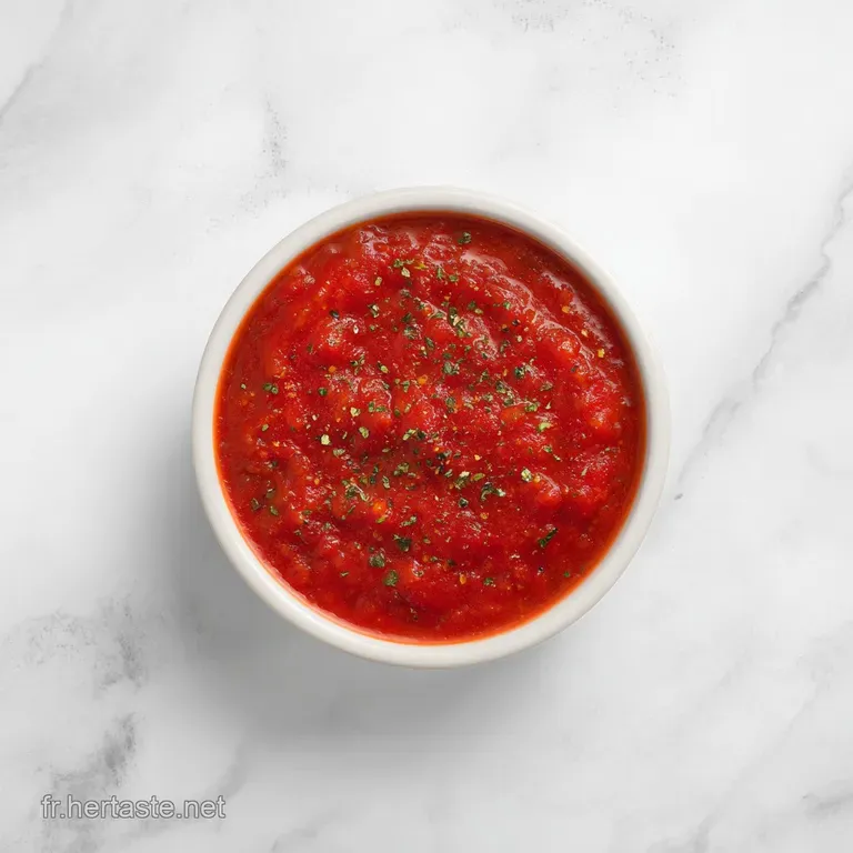 Sauce tomate onctueuse d'un rouge profond servie dans un petit ramequin blanc sur un plan de travail en bois clair.