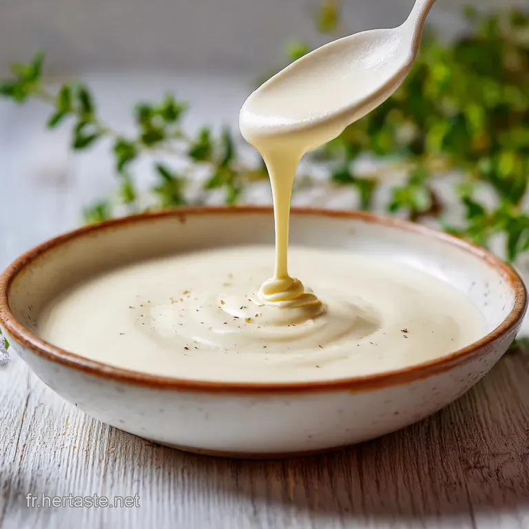 Elegant swirl of white sauce drizzled over bright green asparagus. A glossy, smooth texture contrasts with the fresh veget...