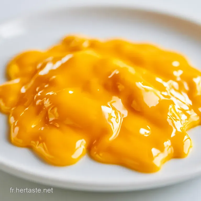 Coul&eacute;e onctueuse de cr&egrave;me orange vif nappant d&eacute;licatement des aliments, pr&eacute;sent&eacute;e dans un bol en c&eacute;ramique blanc.