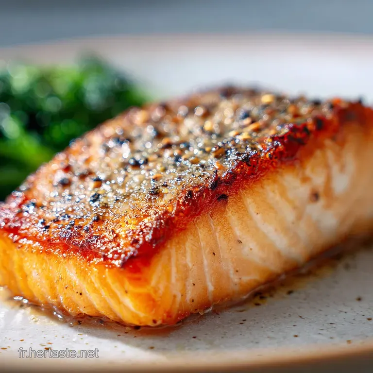 Elegant salmon fillet, skin-side up, glistening under bright sauce, served with vibrant greens, conveying freshness and fl...