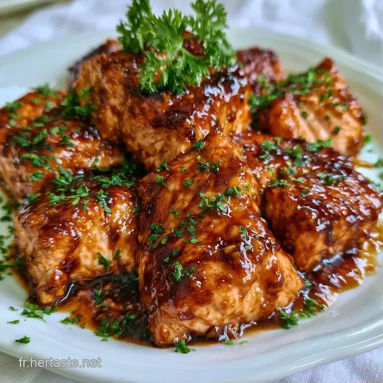 Pav&eacute; de poisson rose nacr&eacute; napp&eacute; d'un sirop sombre et luisant, dispos&eacute; avec soin sur un lit de grains de riz vapeur.