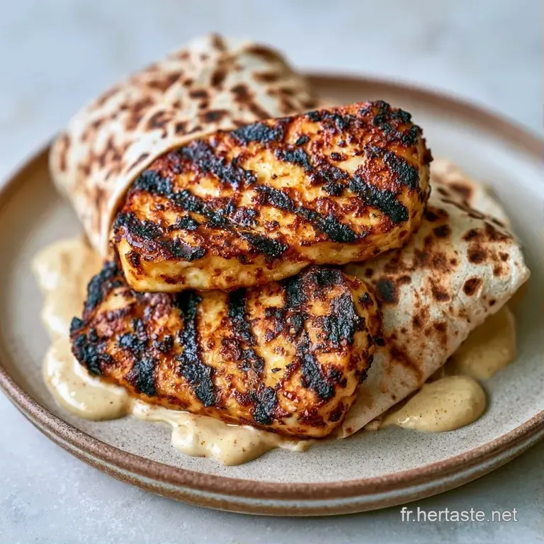 Wrap ouvert sur assiette, halloumi dor&eacute; et l&eacute;gumes croquants, agr&eacute;ment&eacute; d'une sauce blanche et d'herbes vertes fra&icirc;ches.