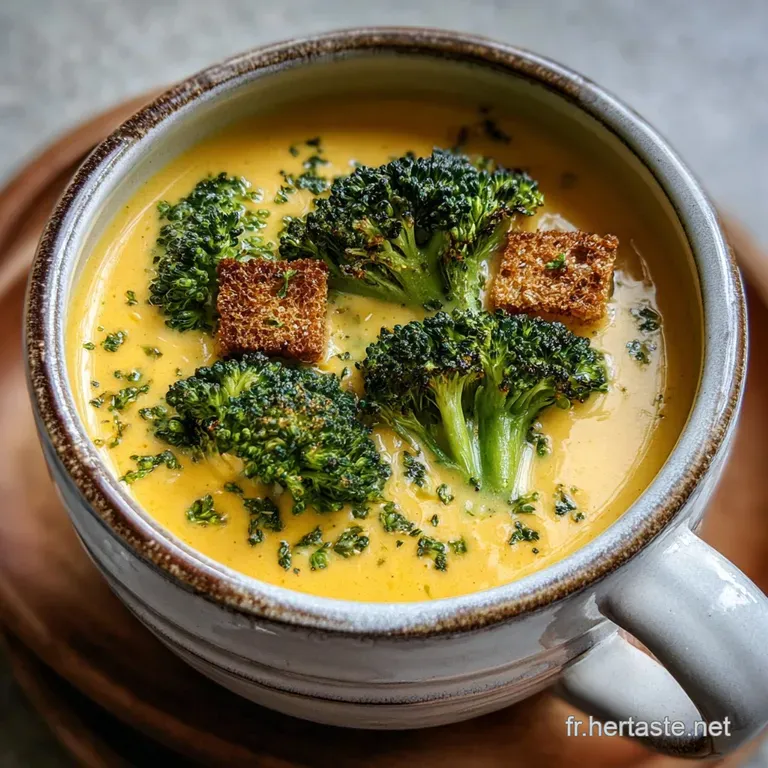 Creamy bright green broccoli soup served in a shallow bowl, garnished with croutons, chives, and a drizzle of cream. Elega...