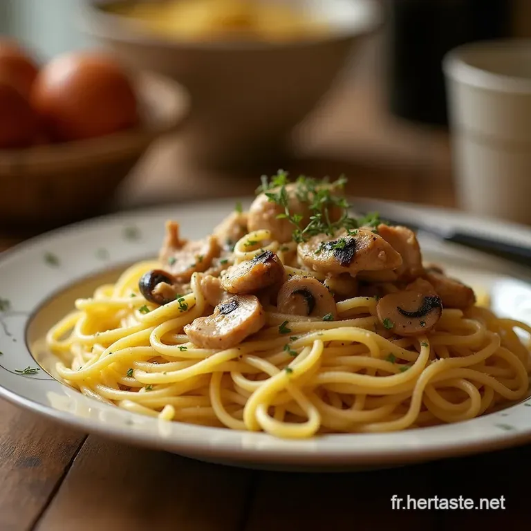 Les Spaghettis Cr&eacute;meux Du Dimanche Poulet Et C&egrave;pes Express presentation