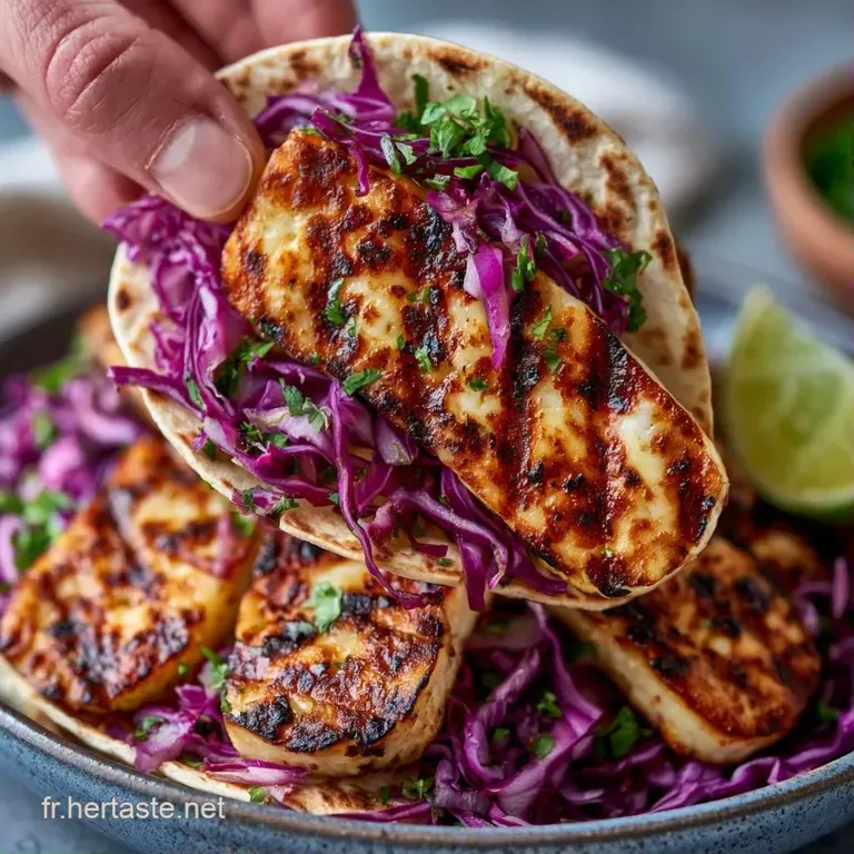 Trois wraps dispos&eacute;s avec soin, r&eacute;v&eacute;lant des cubes de fromage grill&eacute;s et des herbes fra&icirc;ches sur un fond neutre.