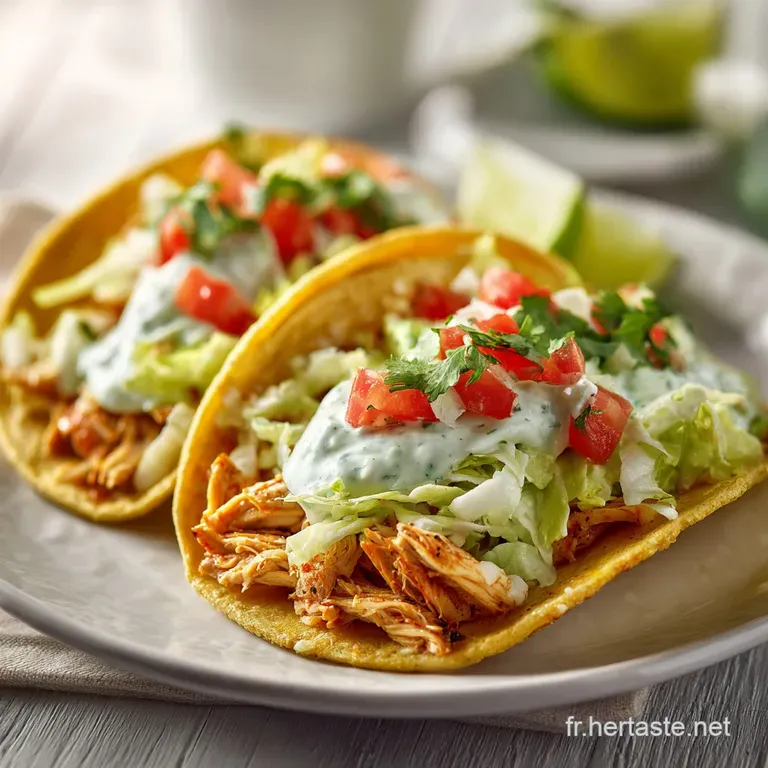 Plated French taco: Warm, golden brown crepe filled with seasoned chicken. Topped with a creamy drizzle, served on a white...