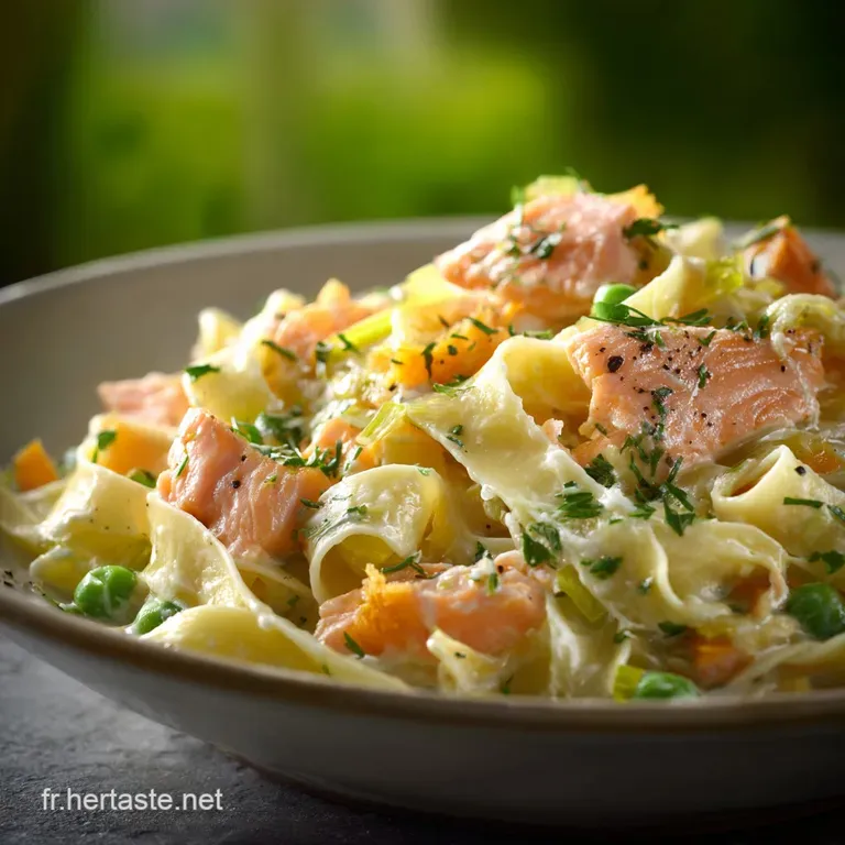 Tagliatelles Aux Poireaux Et Au Saumon La Recette Cr&eacute;meuse De Chef presentation