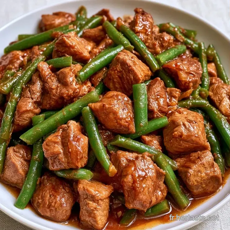 Assiette blanche dress&eacute;e avec agneau juteux, haricots verts croquants et feuilles de coriandre fra&icirc;che et brillante.