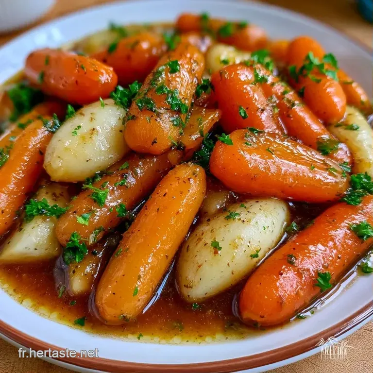 L&eacute;gumes fondants et color&eacute;s dress&eacute;s avec soin sur une assiette blanche, d&eacute;cor&eacute;s de persil frais hach&eacute; et d'huile d'olive.